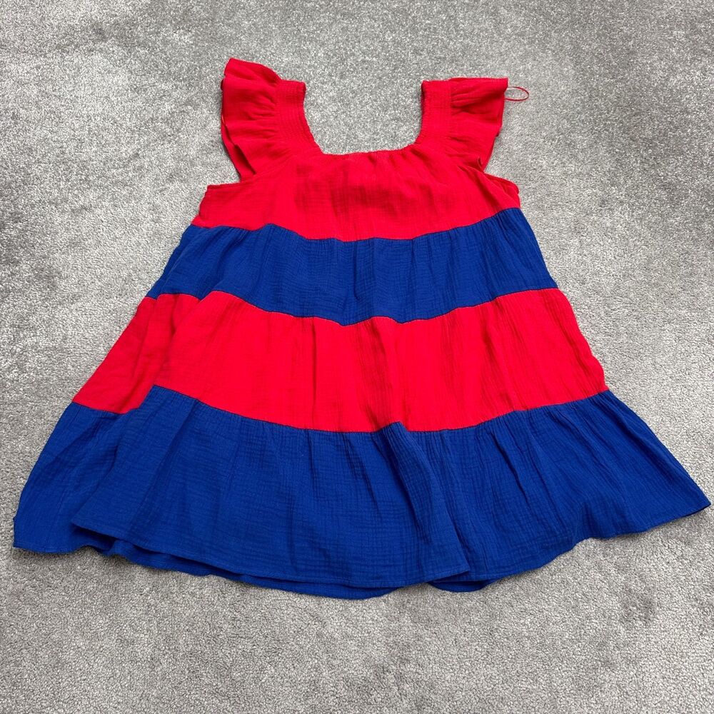 Hudson Gray Gauze Smocked Tiered Mini Dress Womens L Red Blue Striped Pockets